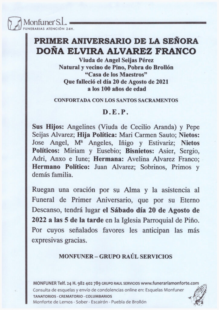 PRIMER ANIVERSARIO DE DOÑA ELVIRA ALVAREZ FRANCO