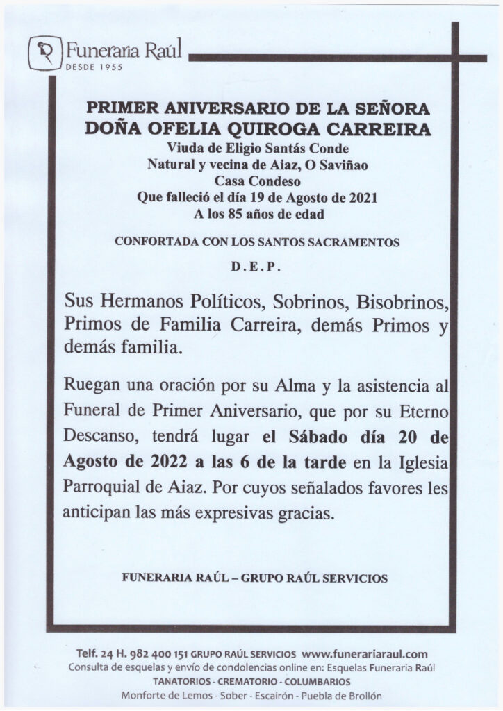 PRIMER ANIVERSARIO DE DOÑA OFELIA QUIROGA CARREIRA