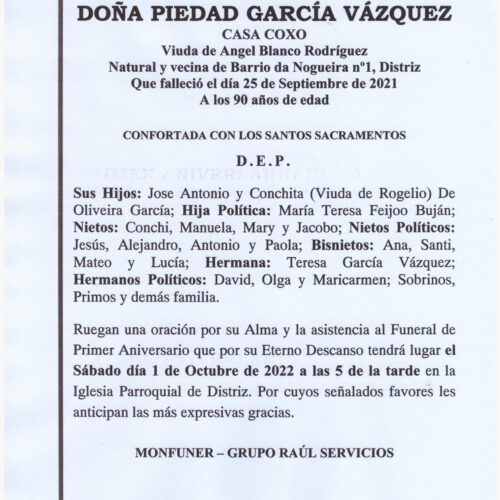 PRIMER ANIVERSARIO DE DOÑA PIEDAD GARCIA VAZQUEZ
