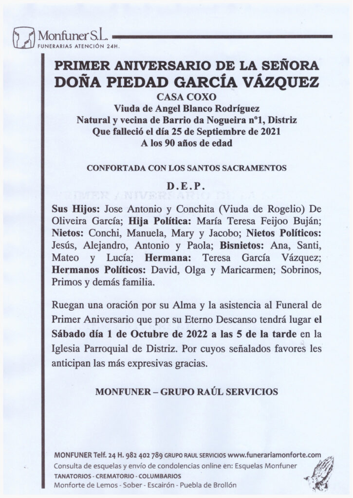 PRIMER ANIVERSARIO DE DOÑA PIEDAD GARCIA VAZQUEZ