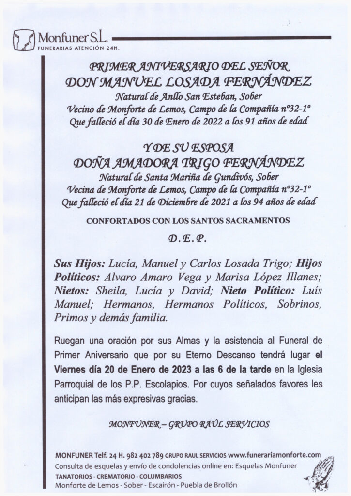 PRIMER ANIVERSARIO DE MANUEL LOSADA Y AMADORA TRIGO