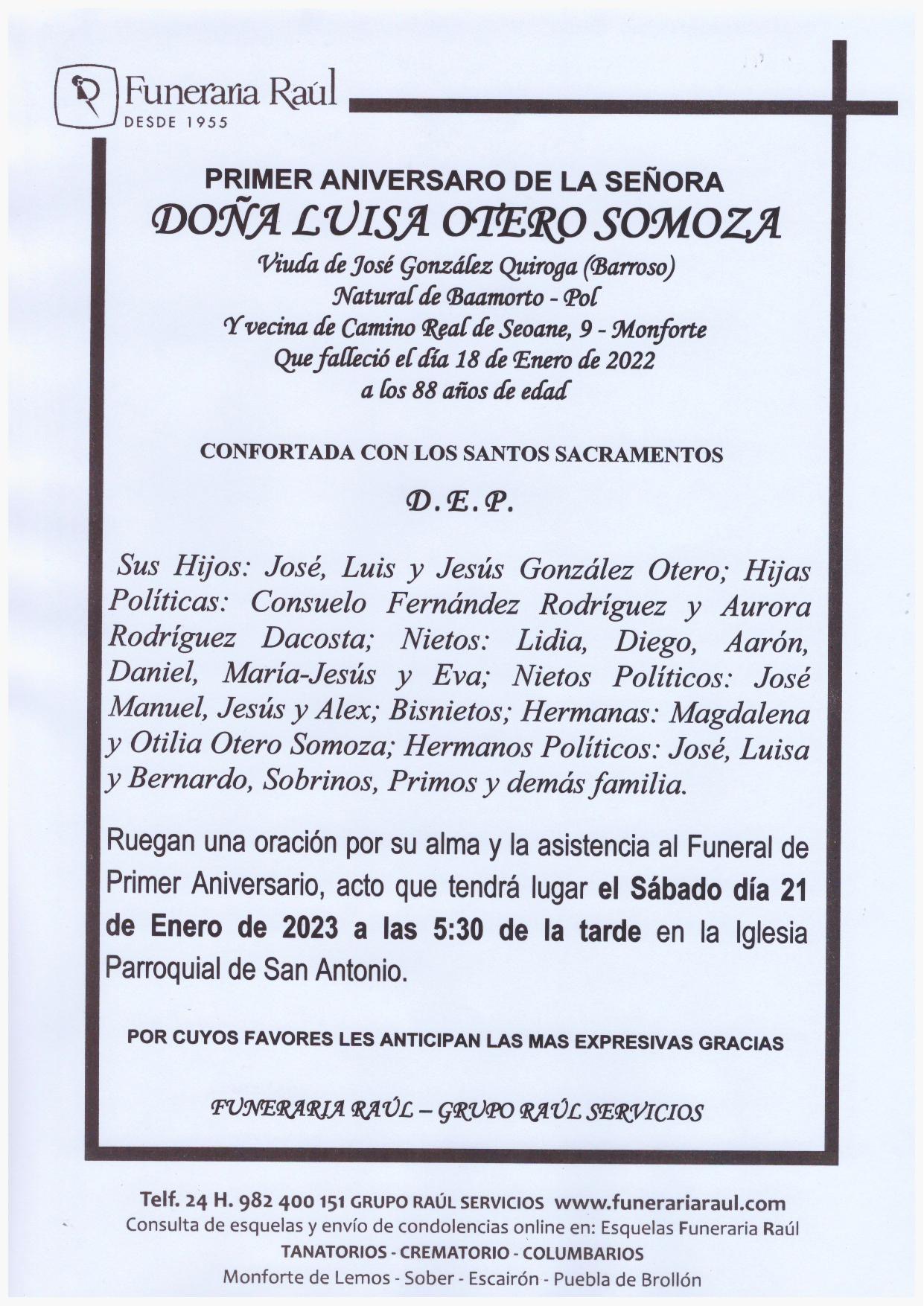 PRIMER ANIVERSARIO DE DOÑA LUISA OTERO SOMOZA