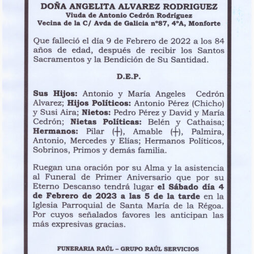 PRIMER ANIVERSARIO DE DOÑA ANGELITA ALVAREZ RODRIGUEZ