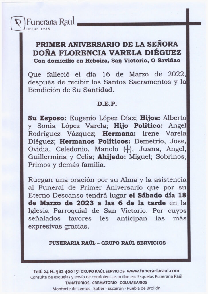 PRIMER ANIVERSARIO DE DOÑA FLORENCIA VARELA DIEGUEZ