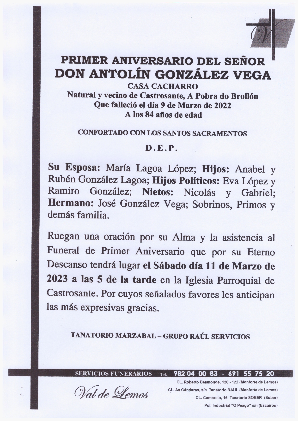 PRIMER ANIVERSARIO DE DON ANTOLIN GONZALEZ VEGA