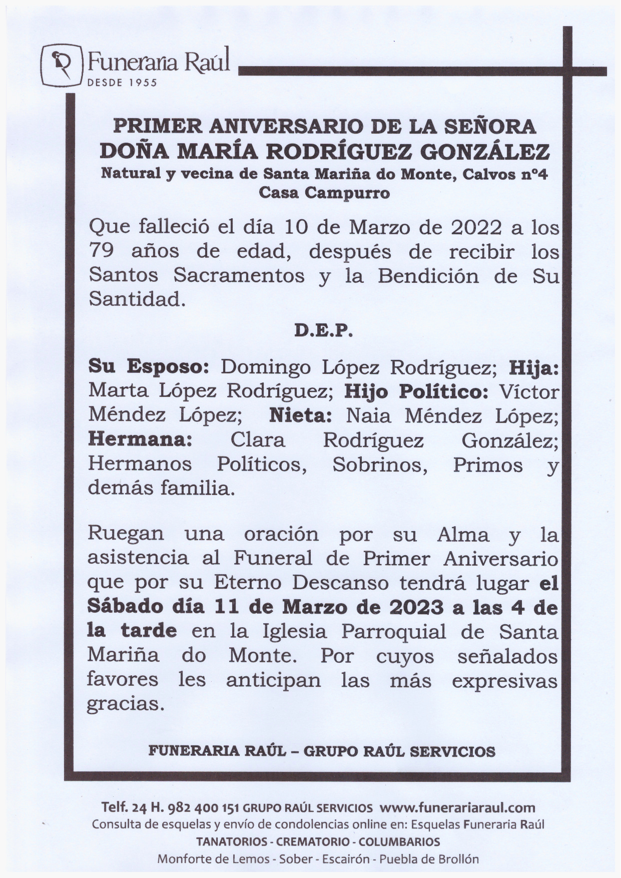 PRIMER ANIVERSARIO DE DOÑA MARIA RODRIGUEZ GONZALEZ