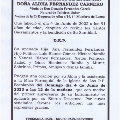 PRIMER ANIVERSARIO DE DOÑA ALICIA FERNANDEZ CARNERO