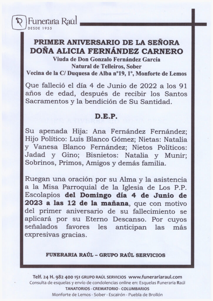 PRIMER ANIVERSARIO DE DOÑA ALICIA FERNANDEZ CARNERO