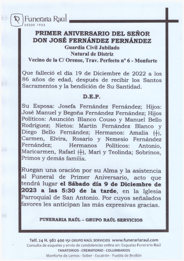 PRIMER ANIVERSARIO DE DON JOSE FERNANDEZ FERNANDEZ