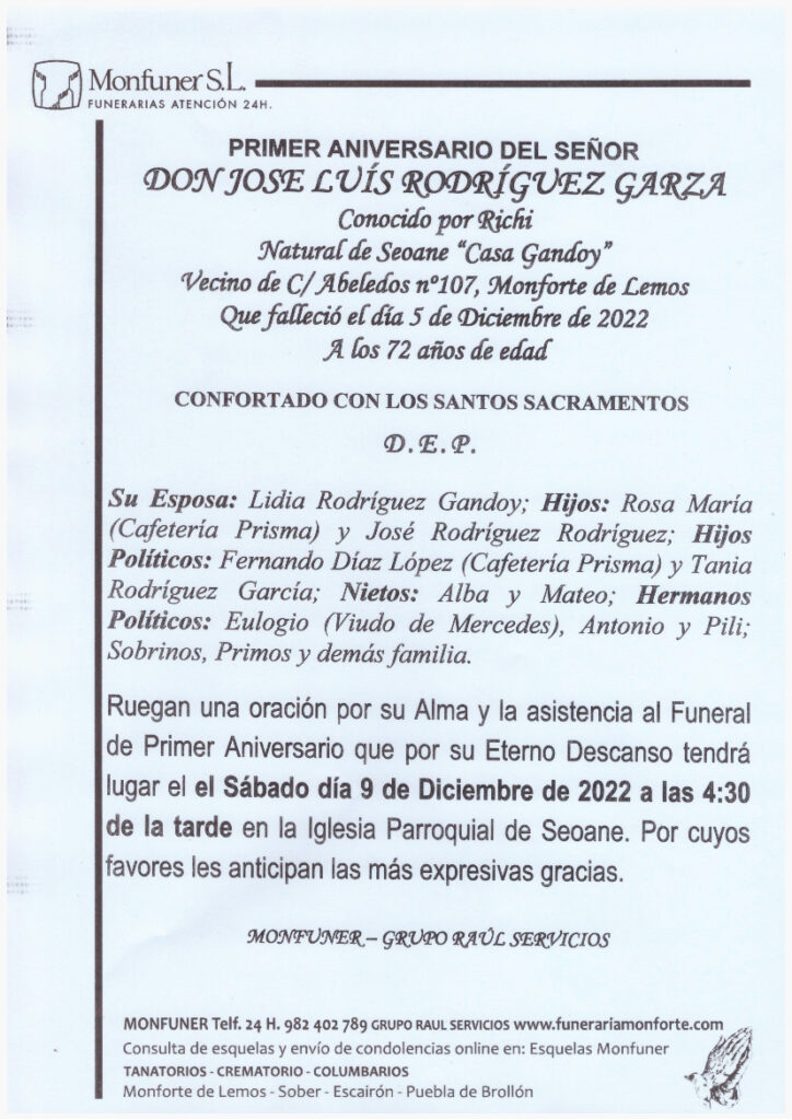 PRIMER ANIVERSARIO DE DON JOSE LUIS RODRIGUEZ GARZA