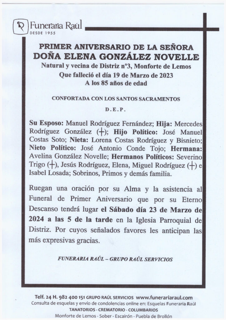 PRIMER ANIVERSARIO DE DOÑA ELENA GONZALEZ NOVELLE