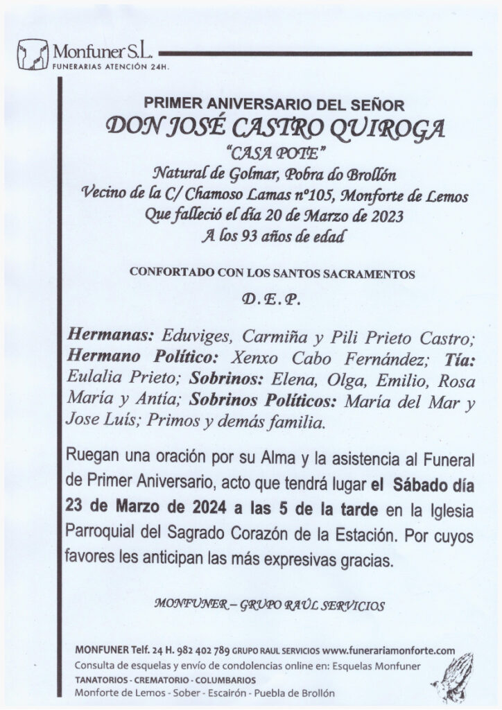 PRIMER ANIVERSARIO DE DON JOSE CASTRO QUIROGA