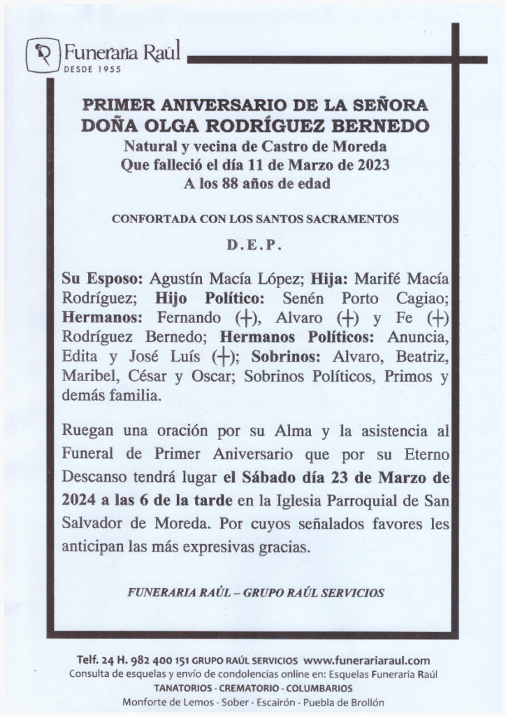 PRIMER ANIVERSARIO DE DOÑA OLGA RODRIGUEZ BERNEDO