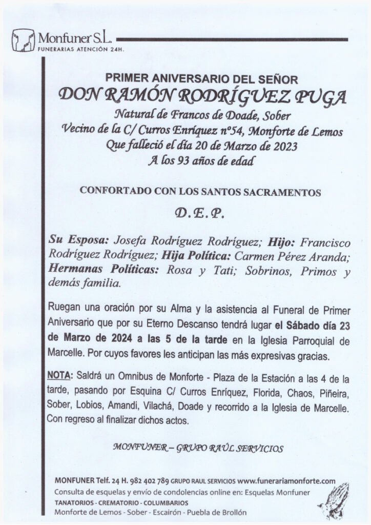 PRIMER ANIVERSARIO DE DON RAMON RODRIGUEZ PUGA