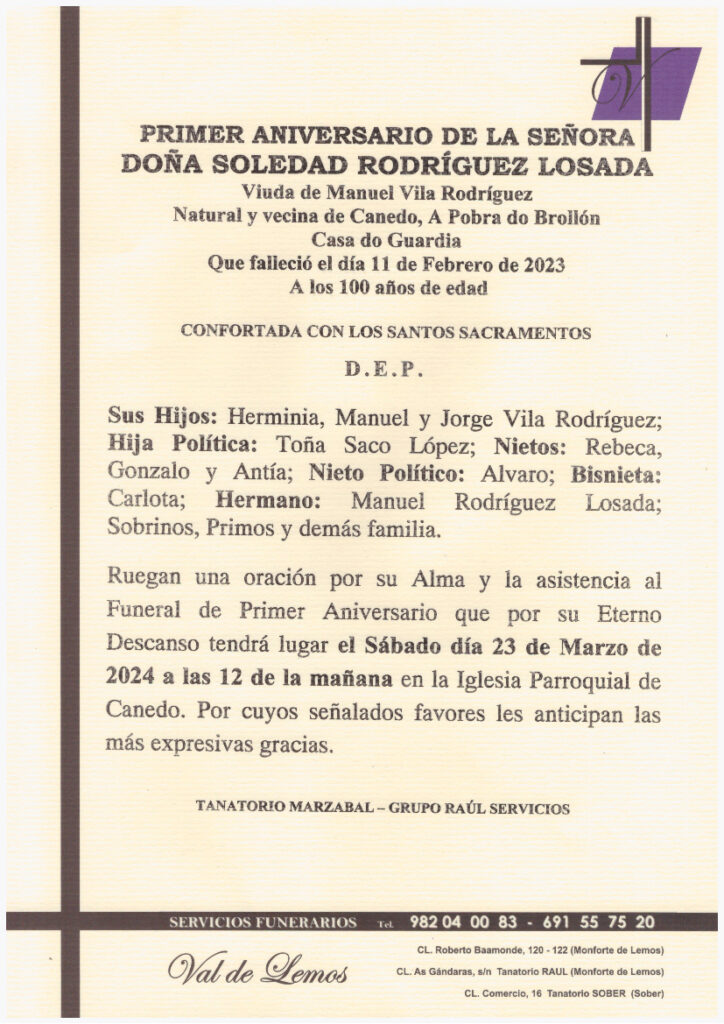 PRIMER ANIVERSARIO DE DOÑA SOLEDAD RODRIGUEZ LOSADA
