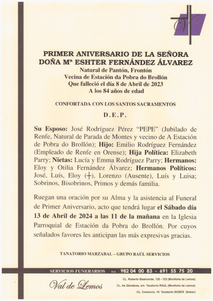 PRIMER ANIVERSARIO DE DOÑA Mª ESTHER FERNANDEZ ALVAREZ