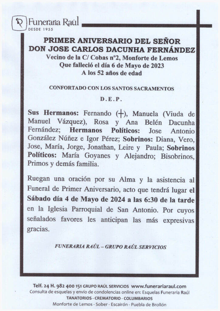 PRIMER ANIVERSARIO DE DON JOSE CARLOS DACUNHA FERNANDEZ