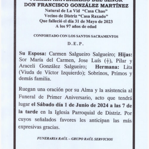 PRIMER ANIVERSARIO DE DON FRANCISCO GONZALEZ MARTINEZ
