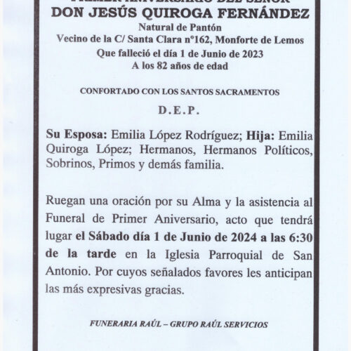 PRIMER ANIVERSARIO DE DON JESUS QUIROGA FERNANDEZ