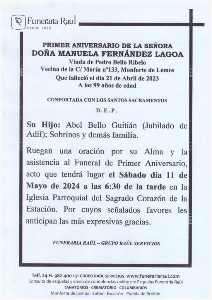 PRIMER ANIVERSARIO DE DOÑA MANUELA FERNANDEZ LAGOA