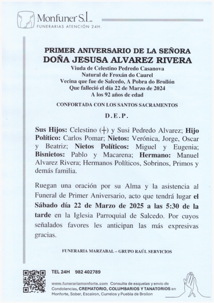 PRIMER ANIVERSARIO DE DOÑA JESUSA ALVAREZ RIVERA