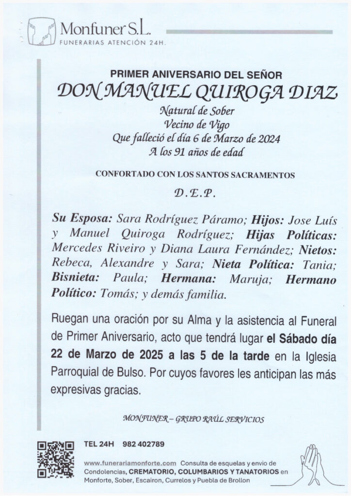 PRIMER ANIVERSARIO DE DON MANUEL QUIROGA DIAZ