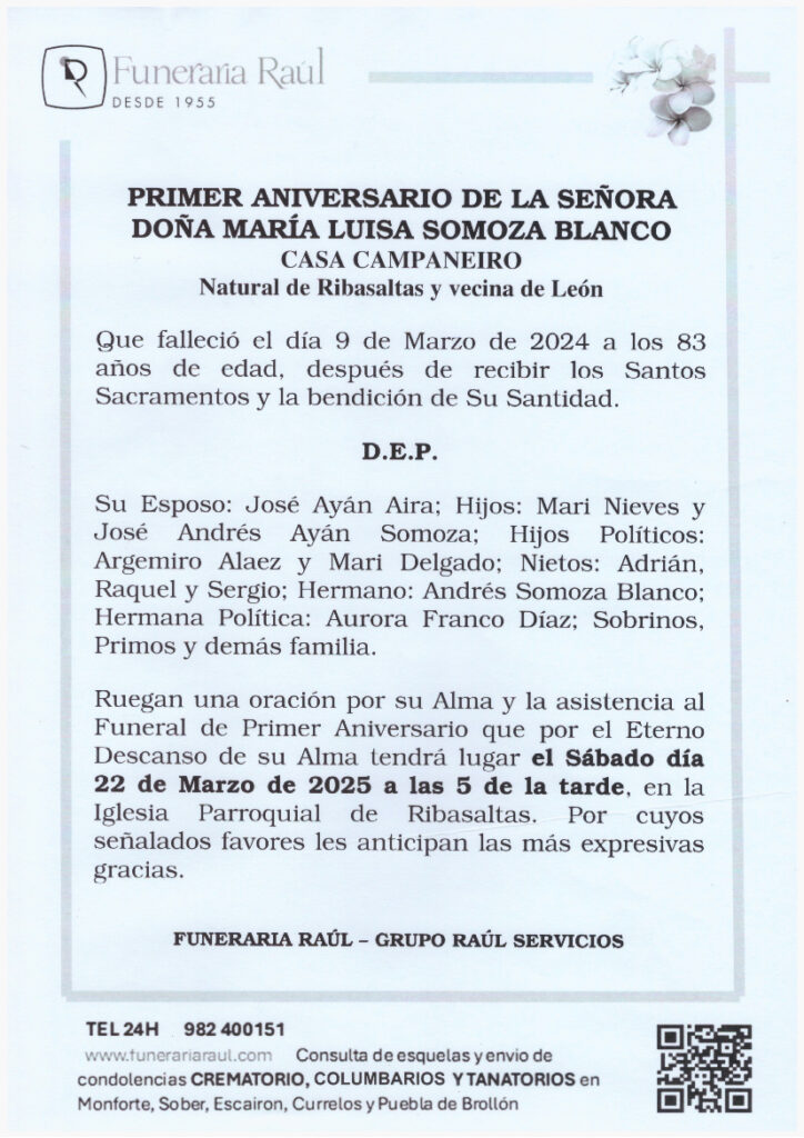 PRIMER ANIVERARIO DE DOÑA Mª LUISA SOMOZA BLANCO