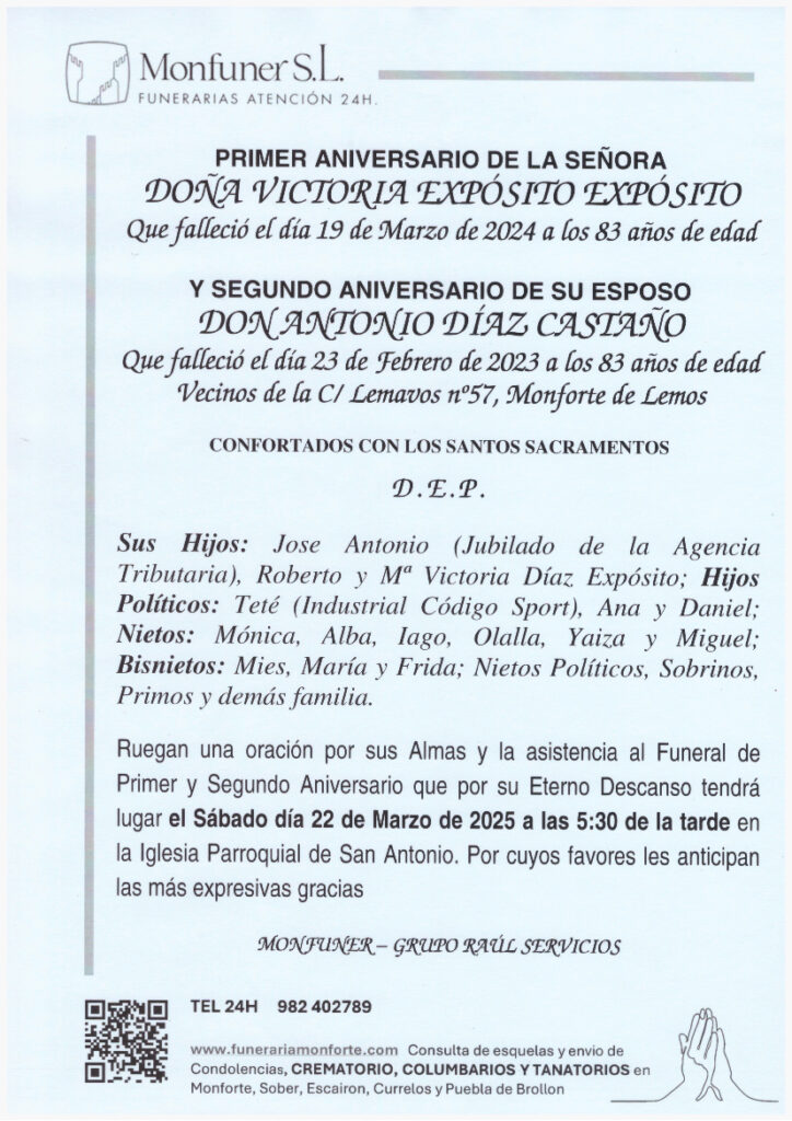 PRIMER ANIVERARIO DE DOÑA VICTORIA EXPOSITO Y SEGUNDO DE DON ANTONIO DIAZ CASTAÑO