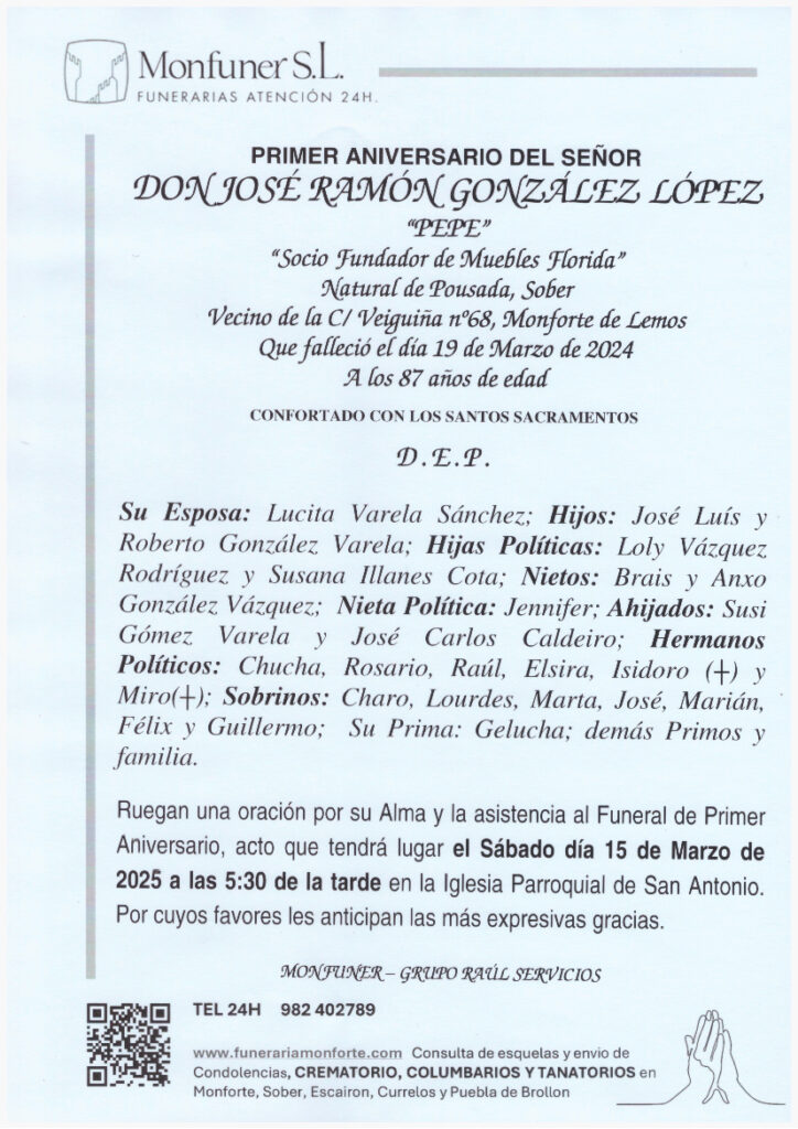 PRIMER ANIVERSARIO DE DON JOSE RAMÓN GONZÁLEZ LÓPEZ