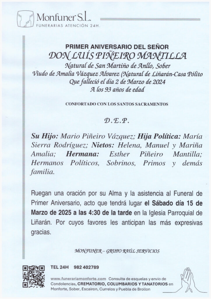 PRIMER ANIVERSARIO DE DON LUIS PIÑEIRO MANTILLA