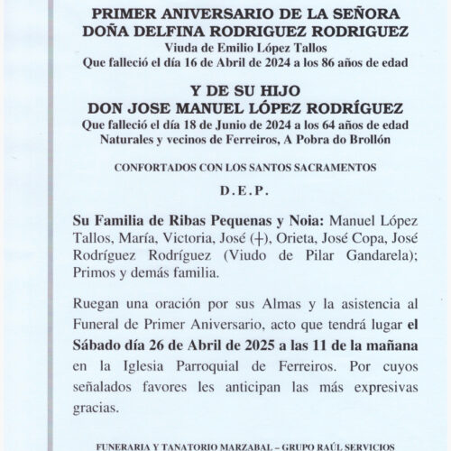PRIMER ANIVERSARIO DE DOÑA DELFINA RODRIGUEZ Y DON JOSE MANUEL LOPEZ