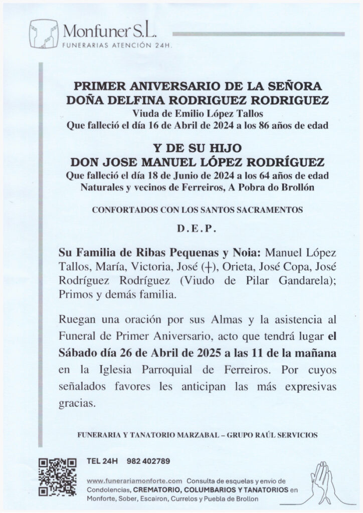 PRIMER ANIVERSARIO DE DOÑA DELFINA RODRIGUEZ Y DON JOSE MANUEL LOPEZ