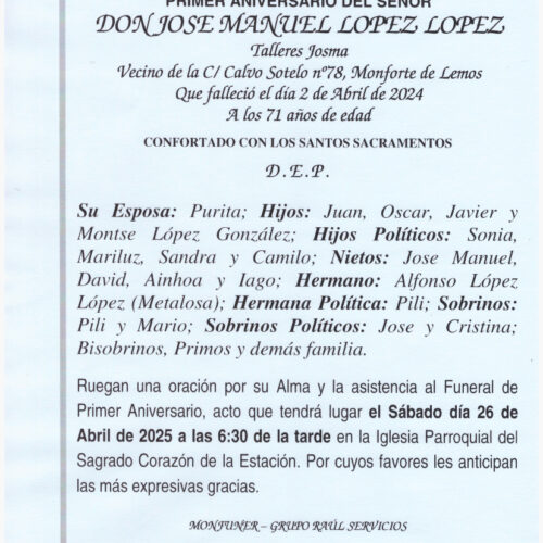 PRIMER ANIVERSARIO DE DON JOSE MANUEL LOPEZ LOPEZ