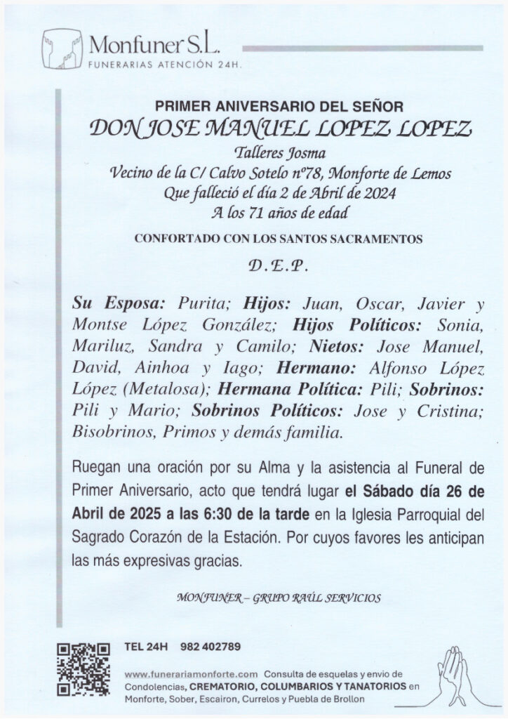 PRIMER ANIVERSARIO DE DON JOSE MANUEL LOPEZ LOPEZ