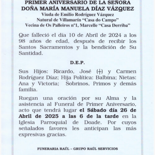PRIMER ANIVERSARIO DE DOÑA MARIA MANUELA DIAZ VAZQUEZ