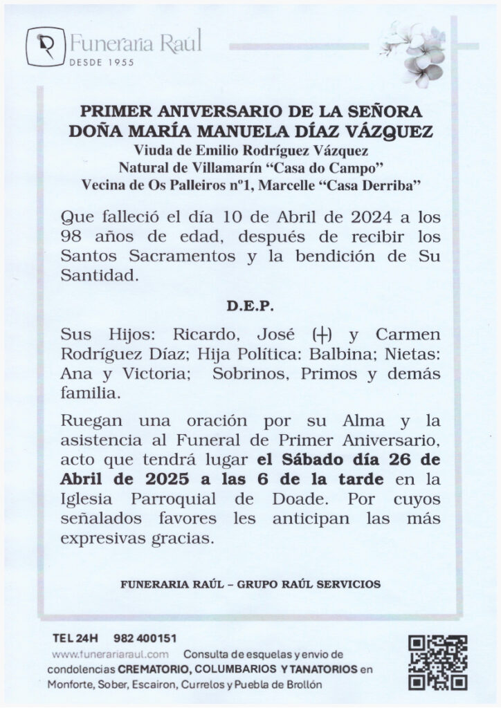 PRIMER ANIVERSARIO DE DOÑA MARIA MANUELA DIAZ VAZQUEZ