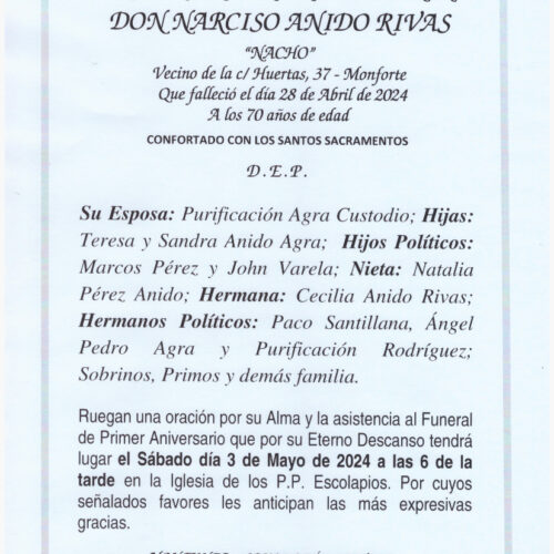 PRIMER ANIVERSARIO DE DON NARCISO ANIDO RIVAS