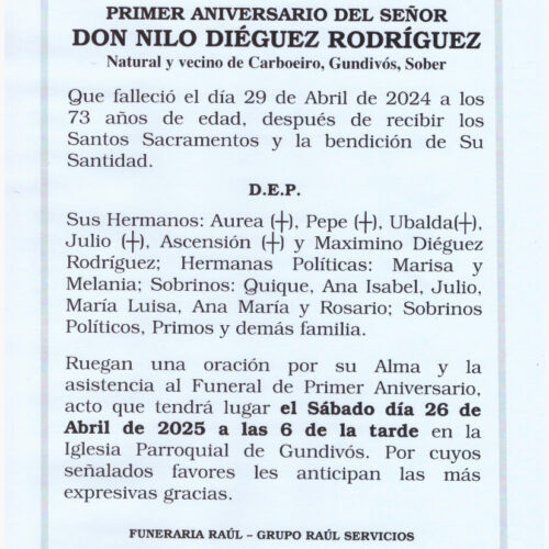 PRIMER ANIVERSARIO DE DON NILO DIEGUEZ RODRIGUEZ