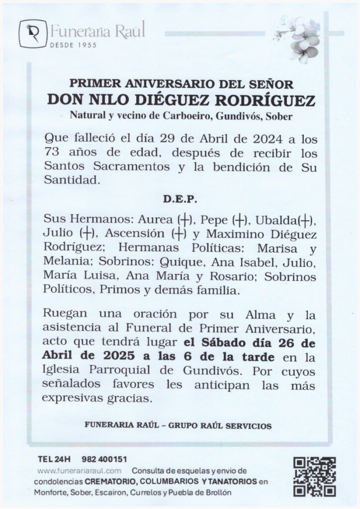 PRIMER ANIVERSARIO DE DON NILO DIEGUEZ RODRIGUEZ