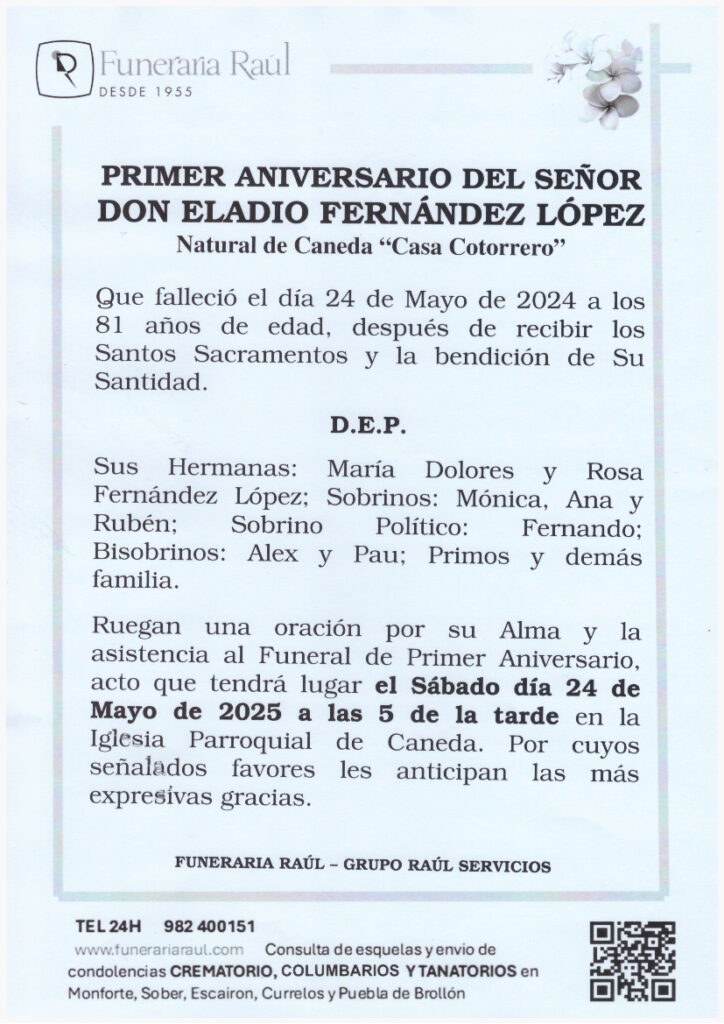 PRIMER ANIVERSARIO DE DON ELADIO FERNANDEZ LOPEZ