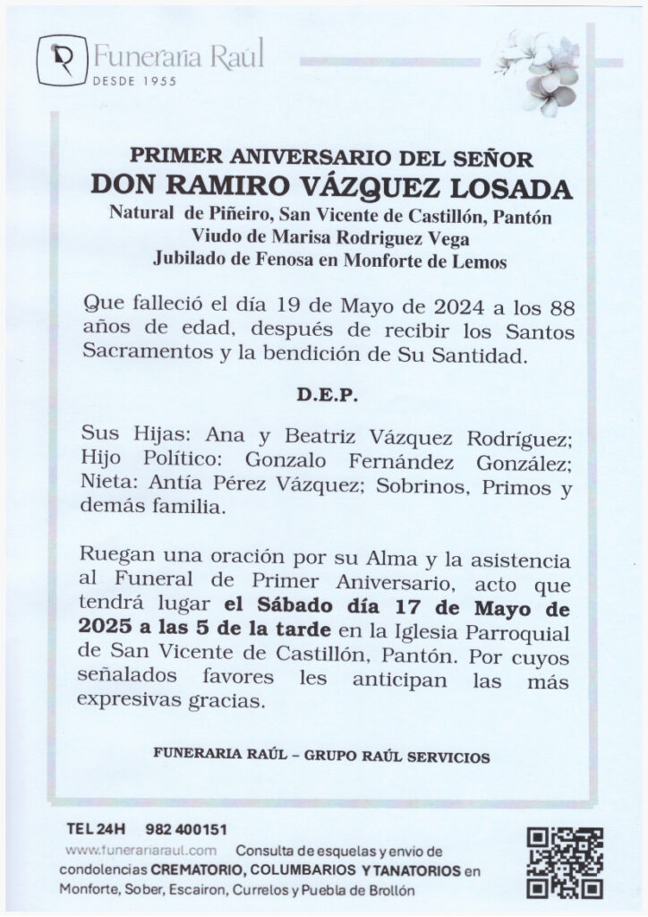 PRIMER ANIVERSARIO DE DON RAMIRO VAZQUEZ LOSADA