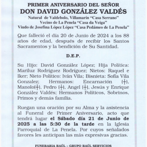 PRIMER ANIVERSARIO DE DON DAVID GONZALEZ VALDES