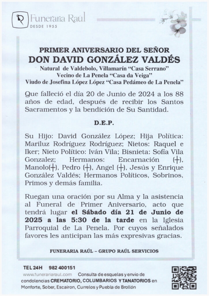 PRIMER ANIVERSARIO DE DON DAVID GONZALEZ VALDES