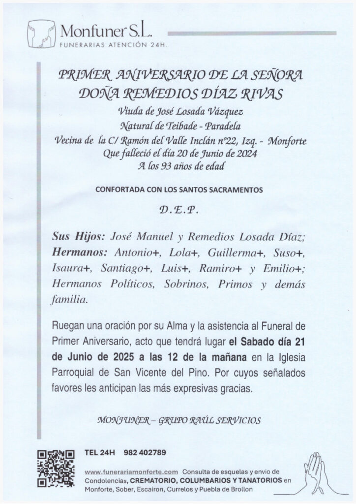 PRIMER ANIVERSARIO DE DOÑA REMEDIOS DIAZ RIVAS
