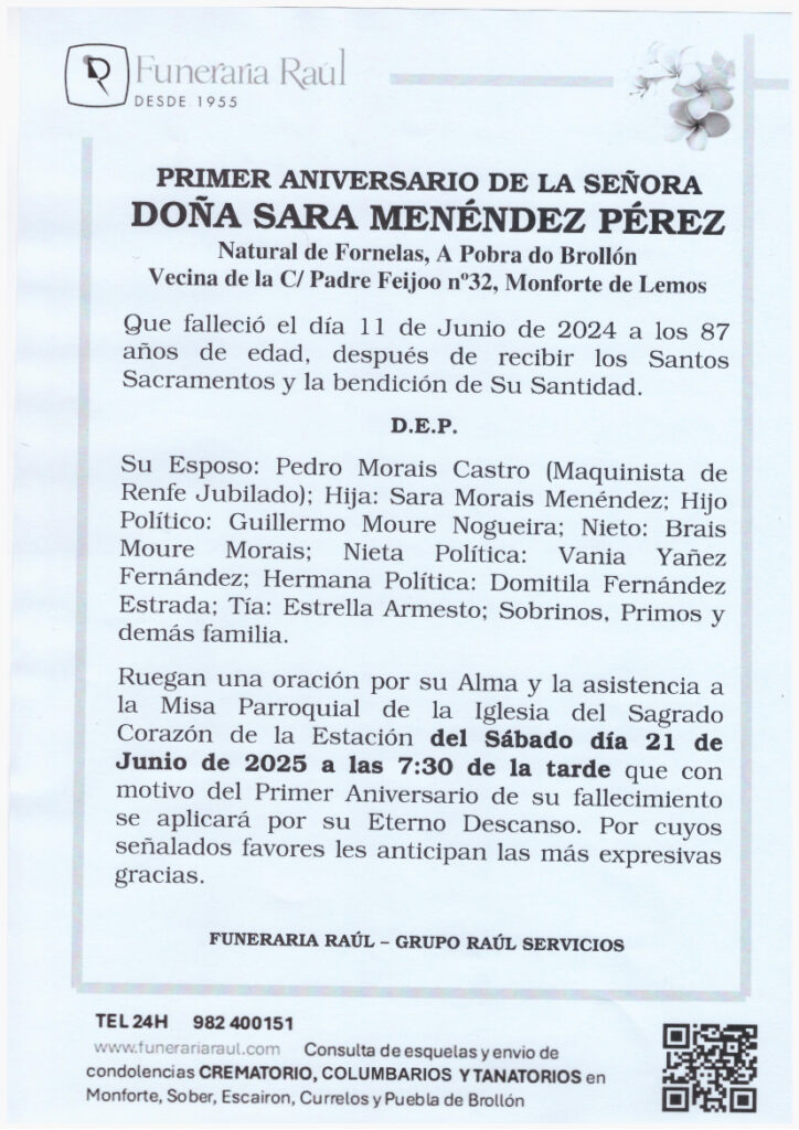 PRIMER ANIVERSARIO DE DOÑA SARA MENENDEZ PEREZ