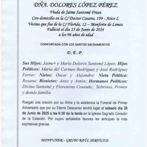 PRIMER ANIVERSARIO DE DOÑA DOLORES LOPEZ PEREZ