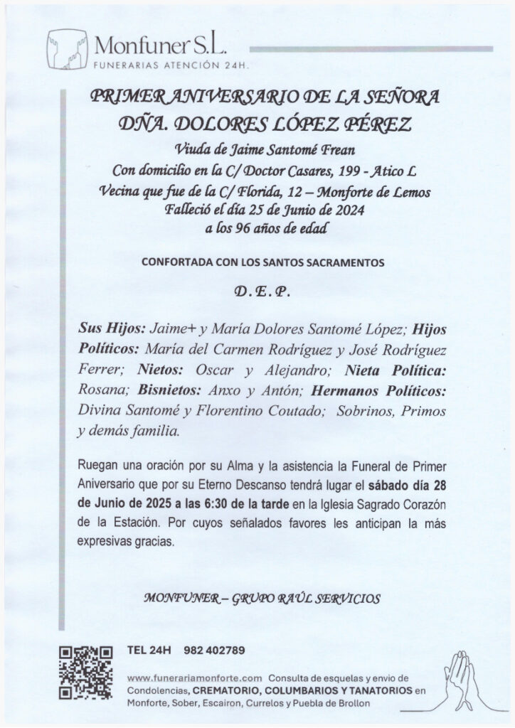PRIMER ANIVERSARIO DE DOÑA DOLORES LOPEZ PEREZ