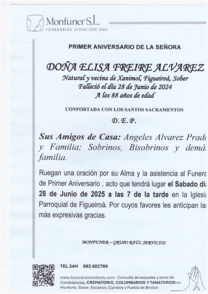 PRIMER ANIVERSARIO DE DOÑA ELISA FREIRE ALVAREZ