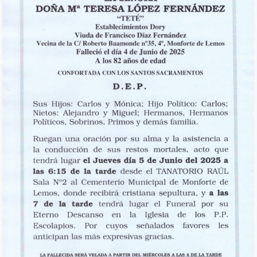 LA SEÑORA DOÑA Mª TERESA LOPEZ FERNANDEZ