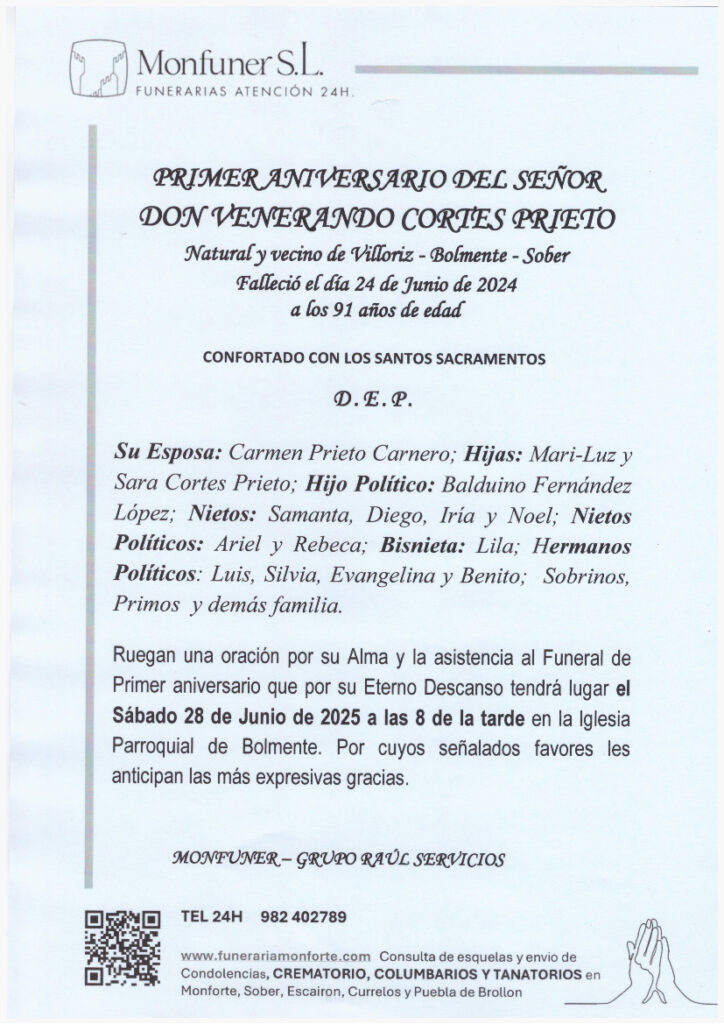 PRIMER ANIVERSARIO DEL SEÑOR VENERANDO CORTES PRIETO